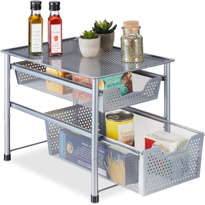 Rangement à compartiments, organiseur, 2 tiroirs, HxLxP: 30x28x42,5 cm, métal, cuisine, salle de bain, argenté - Relaxdays