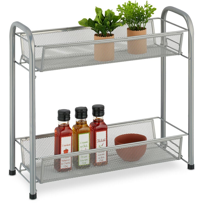 Rangement à épices, 2 niveaux, pour cuisine & salle de bain, condiments, maquillage, parfums, métal, argenté - Relaxdays