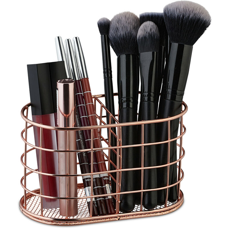 Rangement à stylos, 2 compartiments, pot à pinceaux, métal, organiseur bureau, HxLxP: env. 9x15x8cm, rose gold - Relaxdays