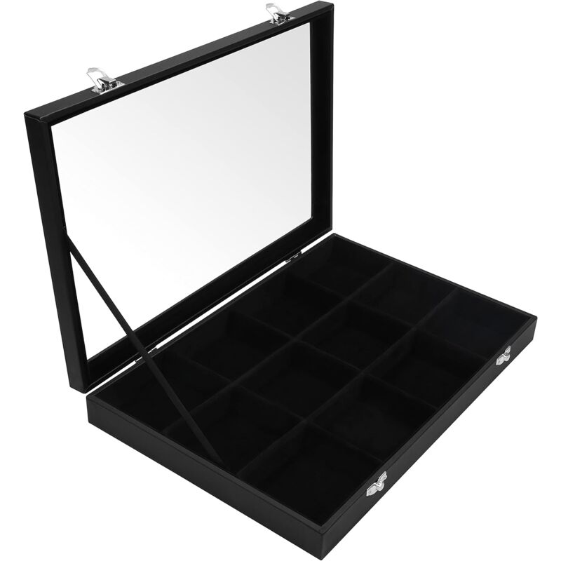 Rangement Bijoux en Velour Noir avec 12 Sections & Couvercle en Verre - Plateau Bijoux Feutre avec Compartiments Ajustables - Rangement Boucle