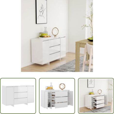 Rangement -  Buffet et 3 tiroirs Blanc brillant 120x41x75 cm Bois ingénierie