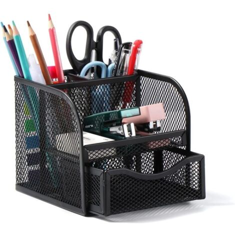 Rangement Bureau, Organisateur de Bureau en Filet MéTallique, Pot a Crayon Bureau avec 4 Compartiments de Tri, Porte Stylo Peu