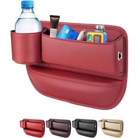 RANGEMENT+Car Leather Cup Holder Gap Bag, 2024 New Seat Gap Storage Box, Adjustable Leather Seat Car Gap Filler Organizer - Red
