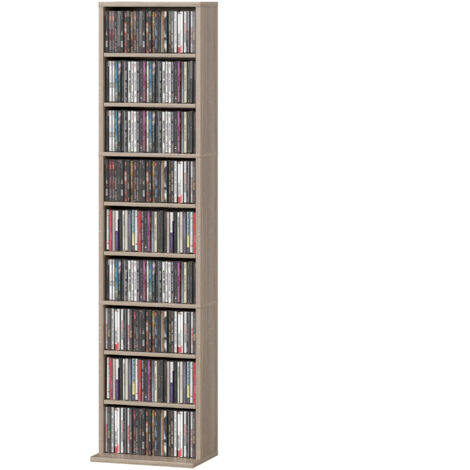 Rangement CD DVD 9 compartiments 6 étagères réglables max 260 CD 120 DVD 33x24x140 cm bois naturel