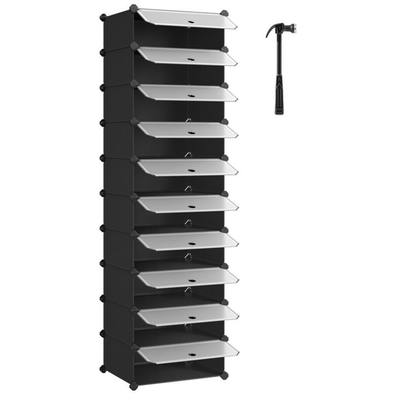 Songmics – Meuble à chaussures noir 10 compartiments modulables – Dimensions 31 x 43 x 173 cm – Capacité 20 paires – Panneaux en plastique PP
