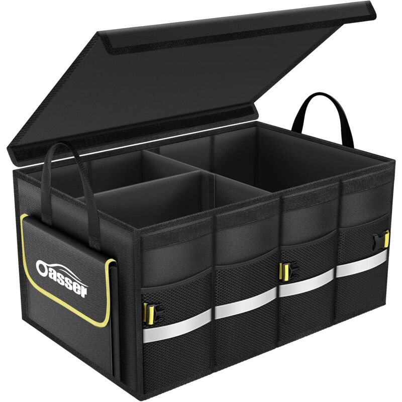 Rangement Coffre de Voiture Organisateur 55L en 600D Support 30KG Etanche Multi-compartiments avec Couvercle Pliable et Bande Réfléchissante pour suv