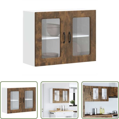 Rangement cuisine -  Armoire murale de cuisine avec porte vitrée "Kalmar" Chêne fumé Bois d'ingénierie