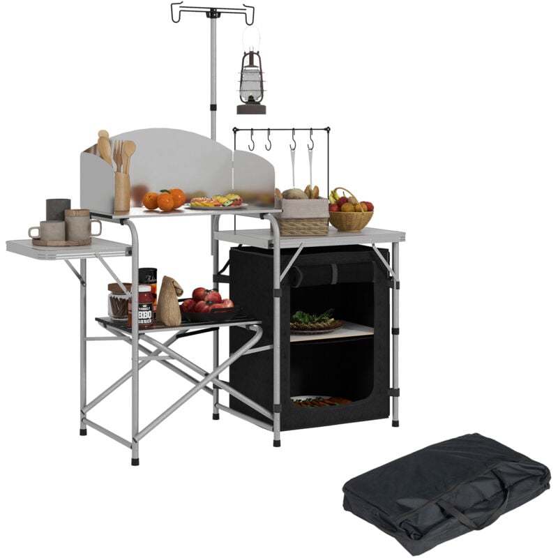 Rangement cuisine de camping pliable étagères tablette station de cuisson alu tissu noir
