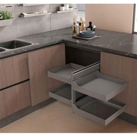 Rangement d'angle avec 4 corbeilles en acier – Charge 40 kg – Hauteur mini 520 mm – Amortisseur pour extraction totale – Décor gris