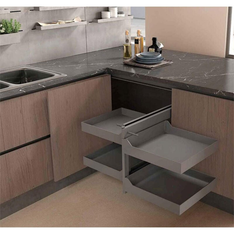 Rangement d'angle avec corbeilles - Pour caisson de hauteur mini : 520 mm - Amortisseur : Avec - Charge : 40 kg - Décor : Gris - Nombre de corbeilles