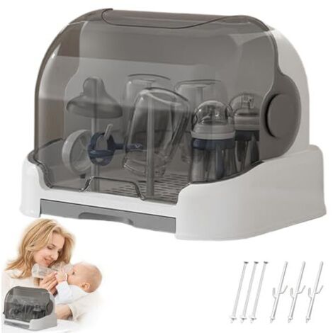 Rangement de biberon, Bouteille de séchage à Bouteille avec Couvercle ＆ Plateau vidange Amovible, séchoir à Support pour bébé poussière pour Les Accessoires Gris, séchage