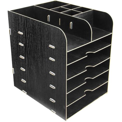Rangement de Bureau Porte-Magazines Organisateur de table en Bois Bac à lettres avec 6 étagères Support de stockage Pot à stylo Classeur de Brosses Cosmétiques Plateau de document