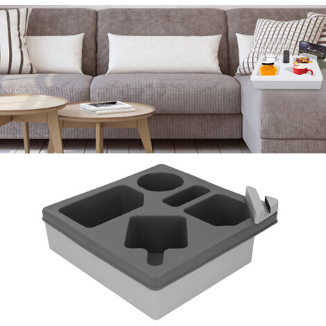 Rangement de Canapé avec Support Téléphone - Caddy Silicone Plastique Gris pour Boissons, Snacks, Contrôles - 27.5x27.5cm