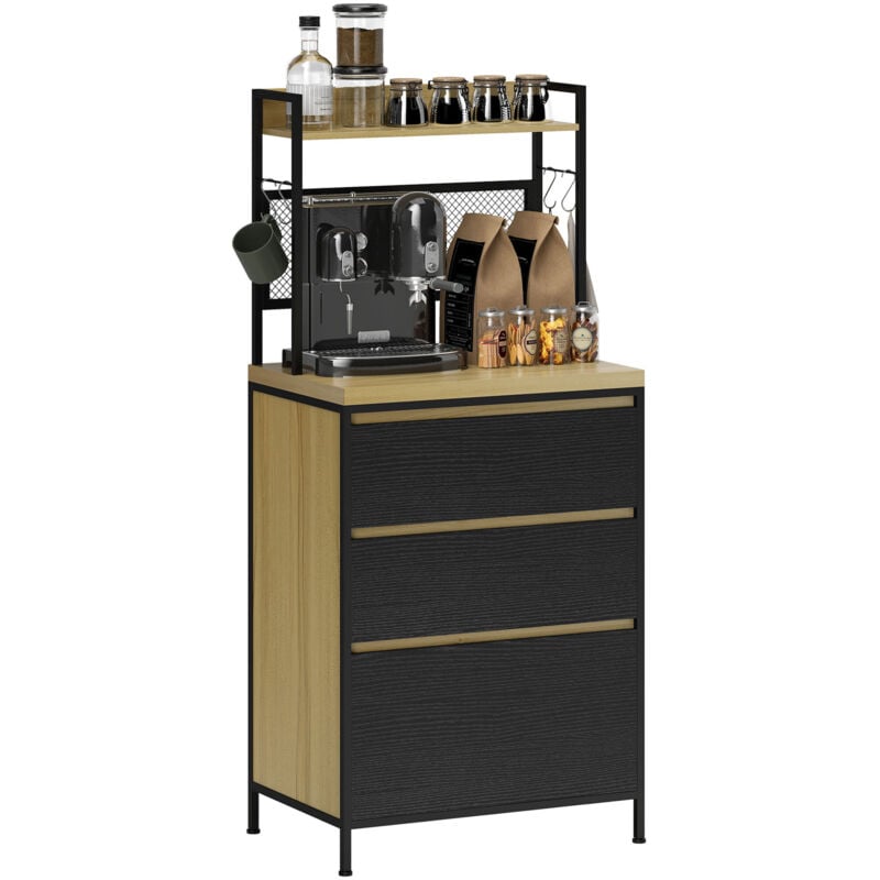 Rangement de cuisine - buffet style industriel 3 tiroirs, plan de travail, étagère, 4 crochets - métal effet bois noir clair