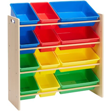 Rangement De Jouets Pour Enfants Avec 12 Bacs En Plastique, Bois Naturel Avec Bacs De Couleur, 27.7 X 85.3 X 79 Cm