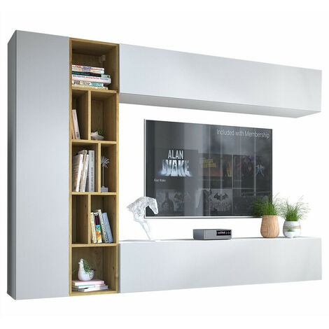 MOBILIER1 Blanc + Chêne Artisan, Avec table de TV, Parties séparées, Stratifié, 160x224x33cm