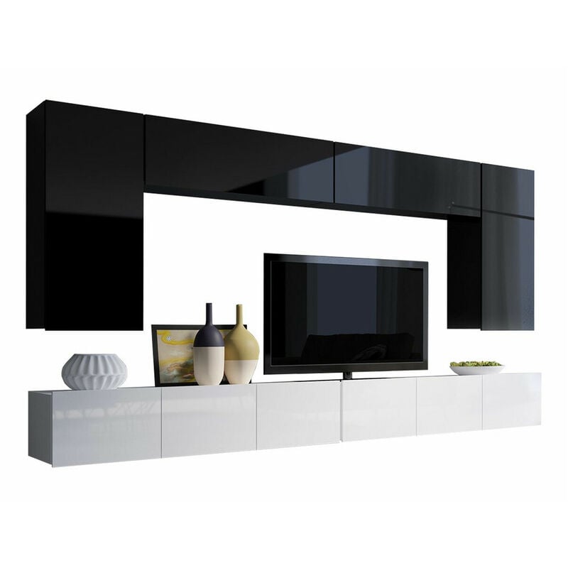 Mobilier1 - Ensemble de salon Tivdalu 135, Noir + Noir brillant + Blanc + Blanc brillant