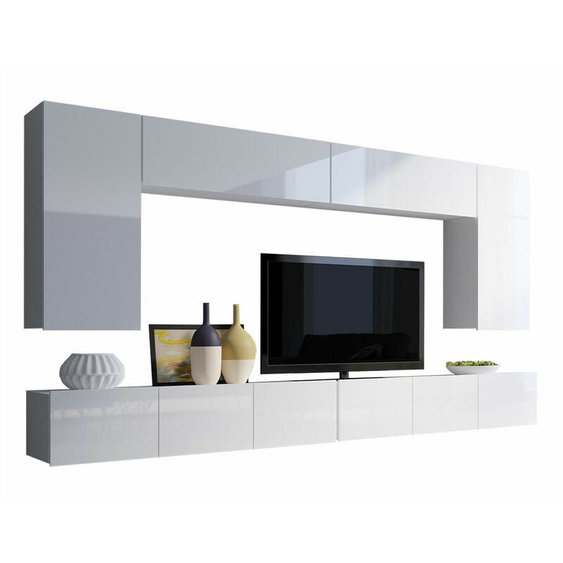 Mobilier1 - Ensemble de salon Tivdalu 135, Blanc + Blanc brillant