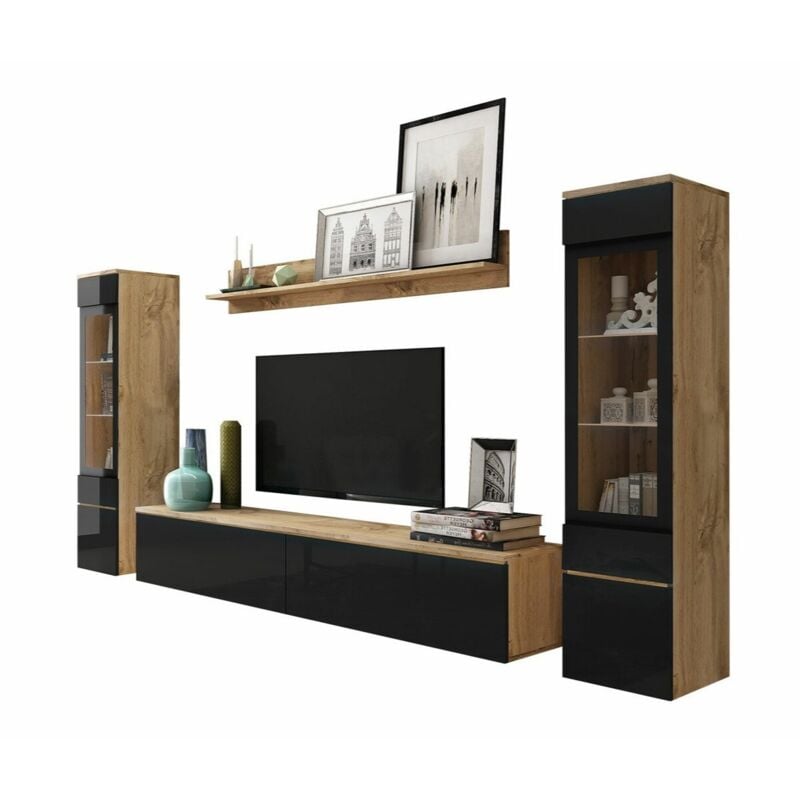 Mobilier1 - Ensemble de salon Sarasota 126, Chêne wotan + Noir brillant