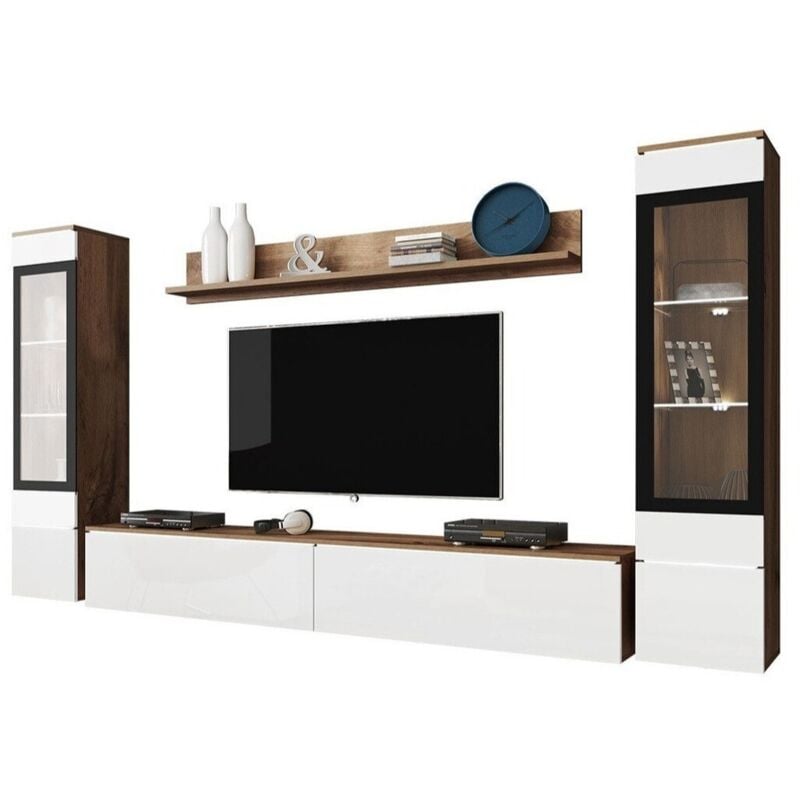 Mobilier1 - Ensemble de salon Sarasota 126, Chêne wotan + Blanc brillant