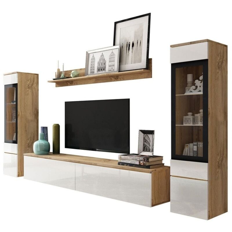 Mobilier1 - Ensemble de salon Sarasota 126, Chêne wotan + Blanc brillant