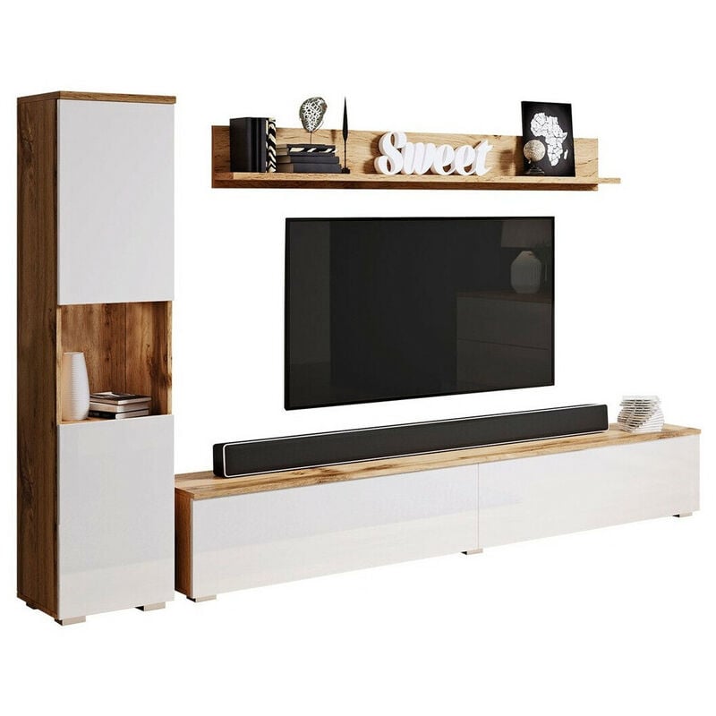 Mobilier1 - Ensemble de salon Sarasota 130, Chêne wotan + Blanc brillant