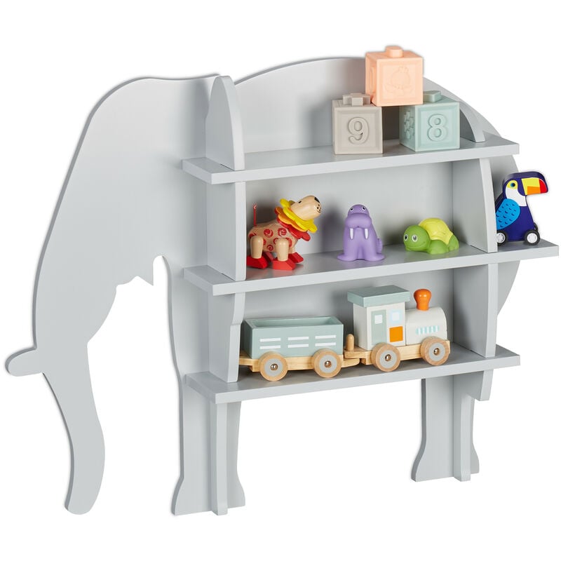 Rangement éléphant pour enfants, 2 compartiments ouverts, mural, HxLxP: 50x63,5x10 cm, meuble à étagères, gris - Relaxdays