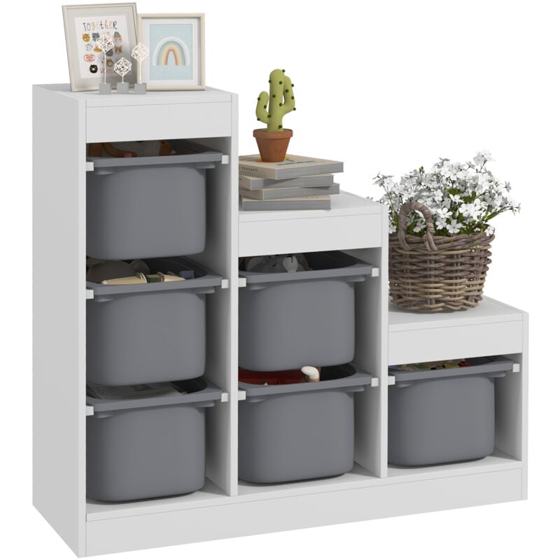 Rangement enfant - combinaison structure + bacs - coffre à jouet dim. 96L x 38l x 90H cm - blanc gris