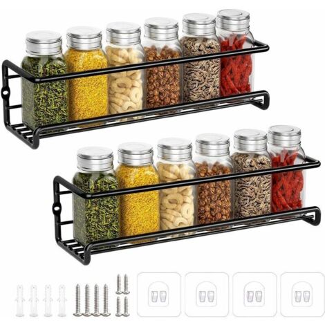 Rangement Epices Cuisine, Étagère Épices en Métal Sans Percage, Range Épices Murale Cuisine, Porte Épices pour Épices Pots Accessoire Garde-Manger Cuisine Placard, 29x6x6cm (Noir, 2 Pièces)