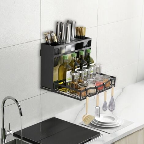 Rangement Epices Cuisine SDLOGAL, Étagère à Épices à 2 Niveaux en Acier Inoxydable, Étagère de Cuisine Pliable, Porte-épices, Organisateur avec porte-ustensiles pour Rangement de Cuisine