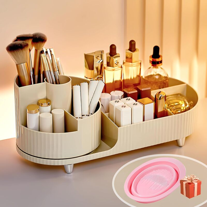 Rangement Maquillage Rotatif et Compartiments 2 en 1, Pot a Pinceaux Maquillage, 360 Degrés Organisateur Maquillage pour Chambre, Salle de Bain,