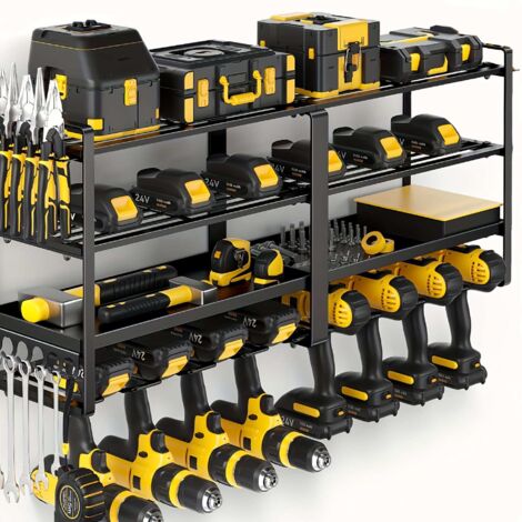 Rangement Mural Outils Électroportatifs 4 Niveaux - Charge Lourde 180kg - Support Atelier en Acier Carbone Anti-rouille - Organisateur de Garage pour Perceuses et Outillage - Noir