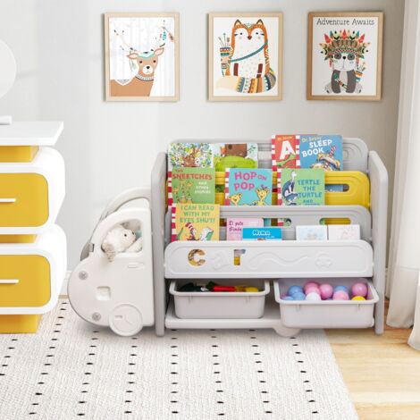 Rangement pour Jouets et Bibliothèque pour Enfants Meuble de Rangement a 3 Niveaux avec 2 Boîtes de Rangement Roulettes Décoratives