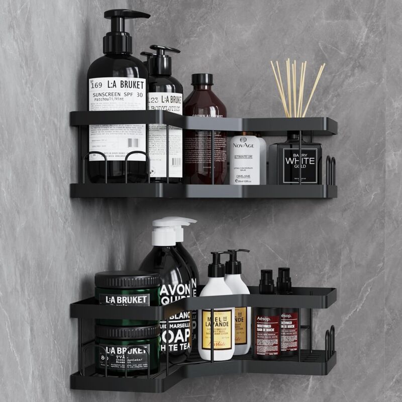 Rangement Salle de Bain, 2 Pcs Noir Etagere Salle de Bain Accessoire sans Percage, Acier au Carbone Etagere Douche avec Adhésif, Rangement Douche