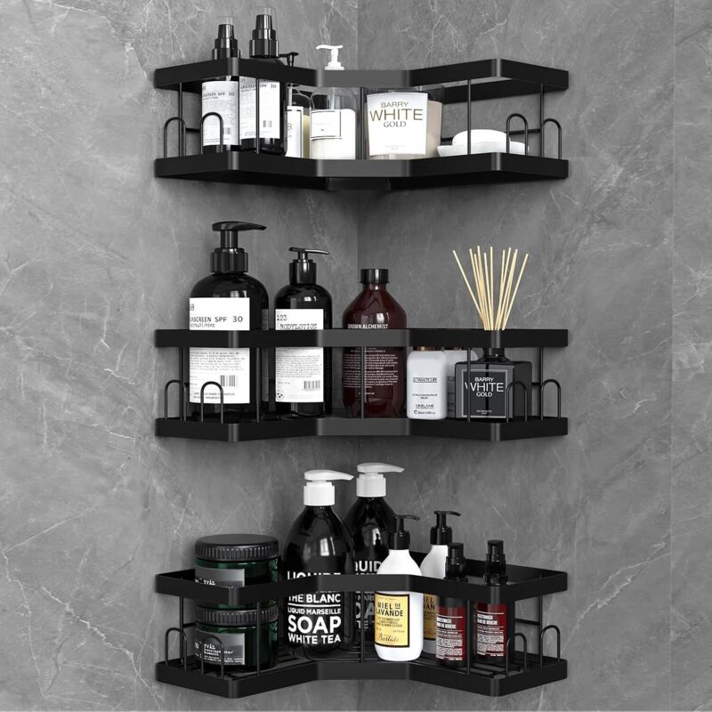 Rangement Salle de Bain, 3 Pcs Noir Etagere Salle de Bain Accessoire sans Percage, Acier au Carbone Etagere Douche avec Adhésif, Rangement Douche