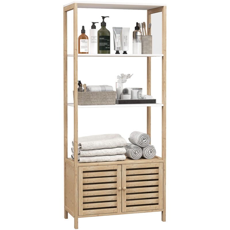 Meuble de Salle de Bain avec 3 étagères en Bambou 1 Placard avec Portes à Lattes 63 x 30 x 138 cm Bois Naturel et Blanc