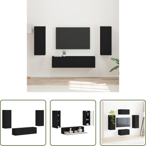 Rangement salon -  Ensemble meuble TV Montage mural 2 pcs Noir Bois d'ingénierie