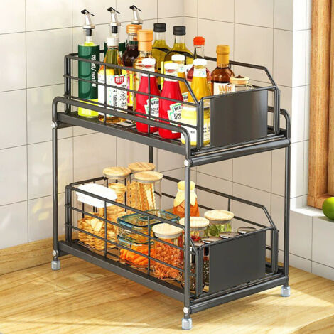 Rangement sous évier, 2 niveaux coulissants en métal pour cuisine, salle de bain, garde-manger, armoire de rangement