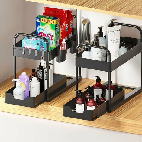 Rangement sous Evier 2 Niveaux, Rangement et Organisation de Cuisine, Etagere Rangement Organisateur Tiroir pour Cuisine, Salle de Bain Noir