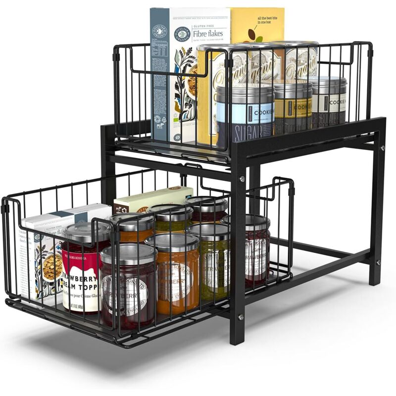 Rangement sous évier à 2 Niveaux, Rangements sous Evier 2 Niveaux Organisateur Coulissant, Organisateur de Cuisine avec Tiroirs Coulissants, Panier