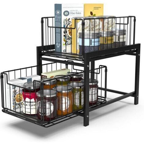 Rangement sous évier à 2 Niveaux, Rangements sous Evier 2 Niveaux Organisateur Coulissant, Organisateur de Cuisine avec Tiroirs Coulissants, Panier de Rangement Coulissant en métal.