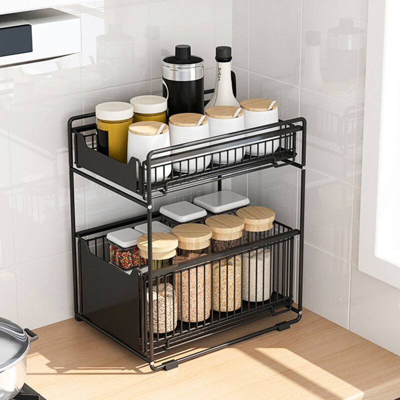 Rangement Sous Évier Cuisine a 2 Étages Panier Rangement Epices Cuisine rangement polyvalente Pour Cuisine Salle de Bain Garde-manger Bureau Noir