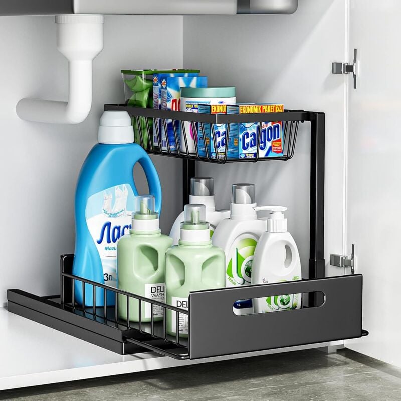 Rangement sous Évier Cuisine, Métal Organisateur sous Evier Tiroir Coulissant à Extraction 2 Étages Forme en l, Rangement Et Organisation De Cuisine