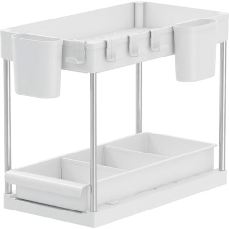 Rangement sous evier- Étagère cuisine - Blanc - 2 niveaux et tiroir - SECURY-T