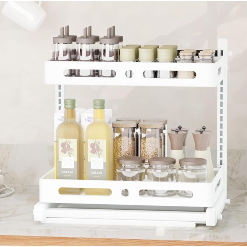 Rangement sous Évier Tiroir Coulissant à Extraction pour Cuisine Étagère sous Évier à 2 Niveaux en Métal Étagère à Épices Organisateur sous Evier
