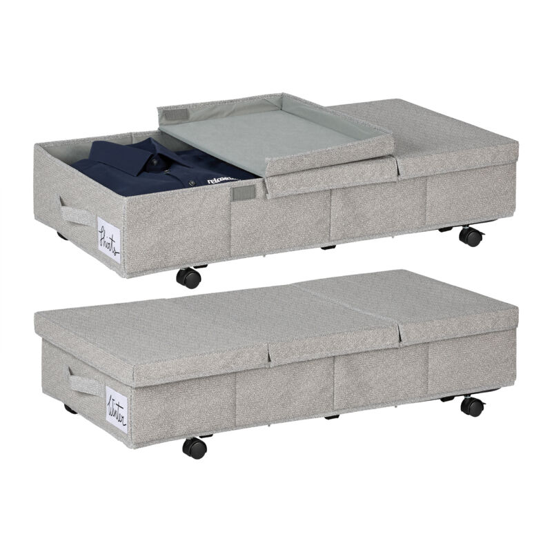 Rangement sous lit, lot de 2, pliable, roulettes, capacité de chaque : 50 litres, hlp : 20 x 80 x 40 cm, gris - Relaxdays