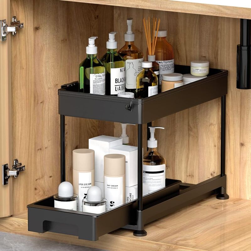 Rangement sous évier Cuisine à 2 Niveaux avec Tiroir Coulissante, étagère de rangement multifonction avec crochets pour cuisine, salle de bain,