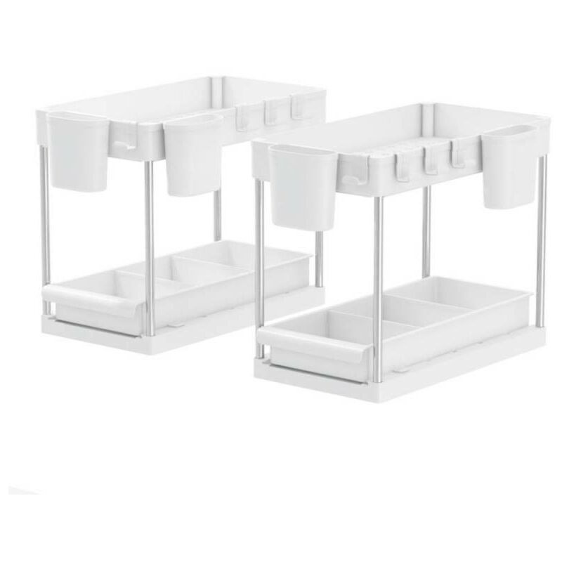 Secury-t - Rangement sous évier/étagère cuisine, blanc, 2 niveaux avec tiroir Lot de 2 - Blanc