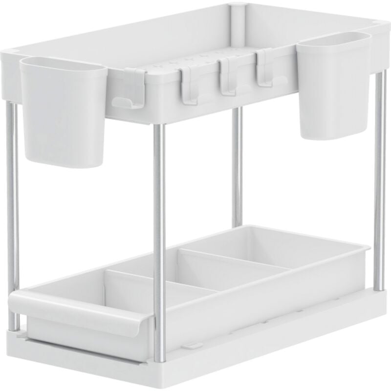Secury-t - Rangement sous évier/étagère cuisine, blanc, 2 niveaux avec tiroir