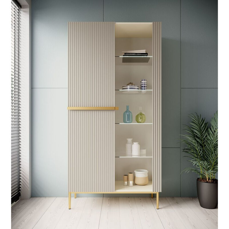 Meuble vitrine H200 cm 2 portes kasha pieds or Beige - Bobochic